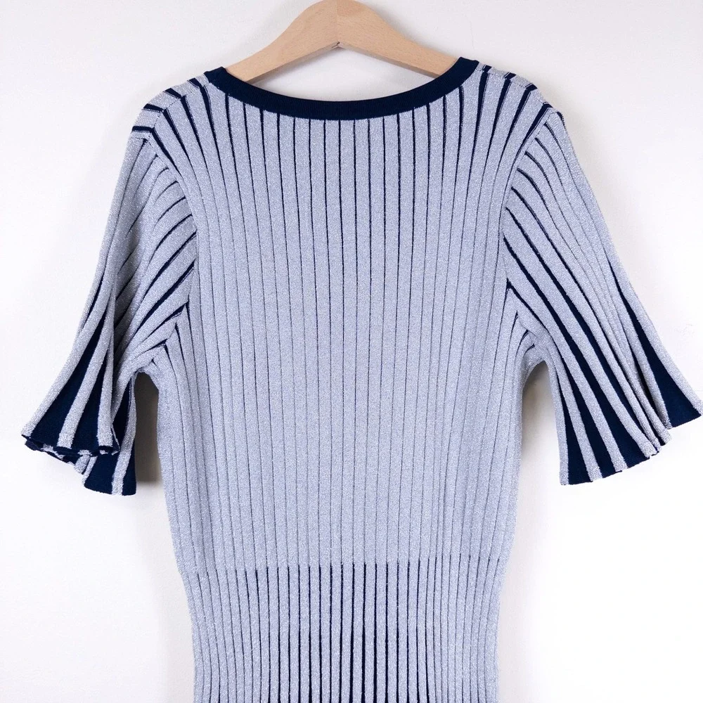 REISS Ribbed‎ Knit Dress Girls 11-12Y Navy Silver Metallic Stripe Skater Dress